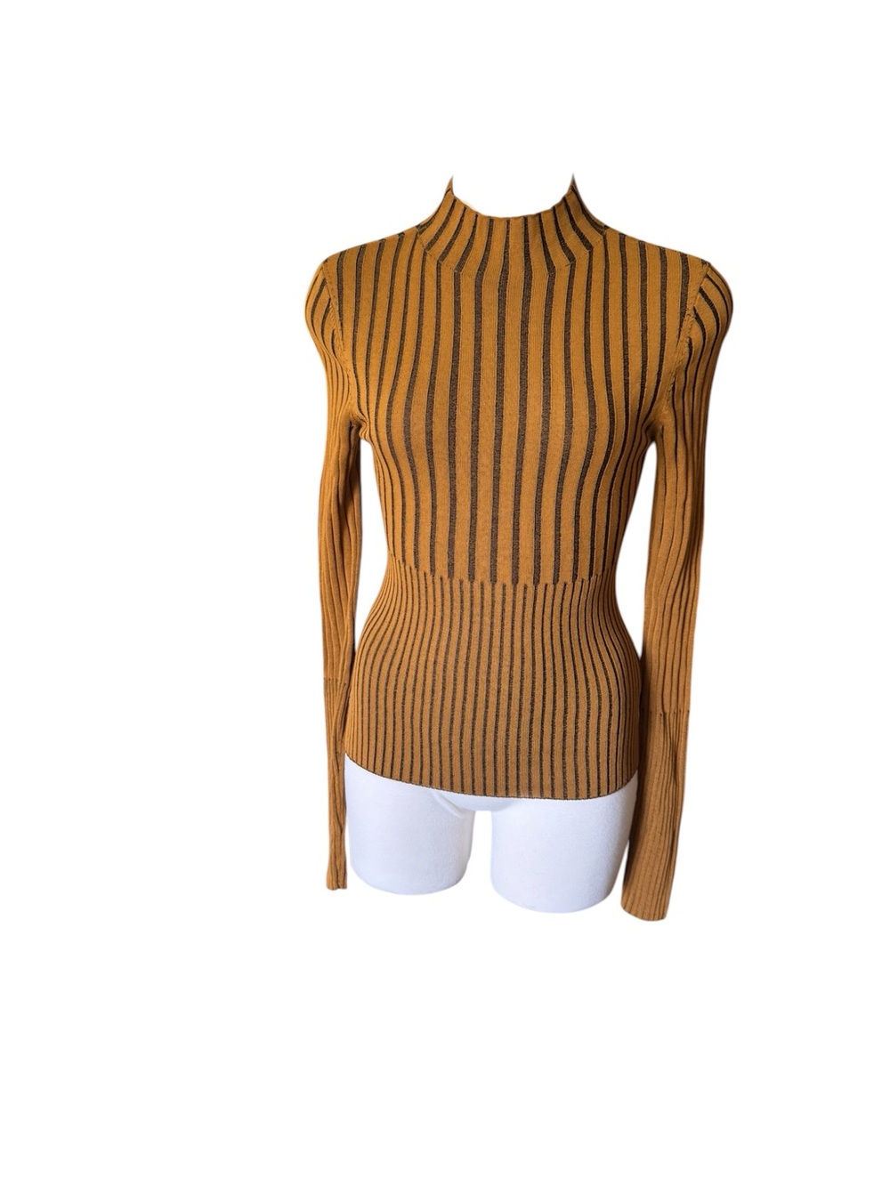 & Other Stories Mustard and Black Vertical-Strip Mock Neck Top